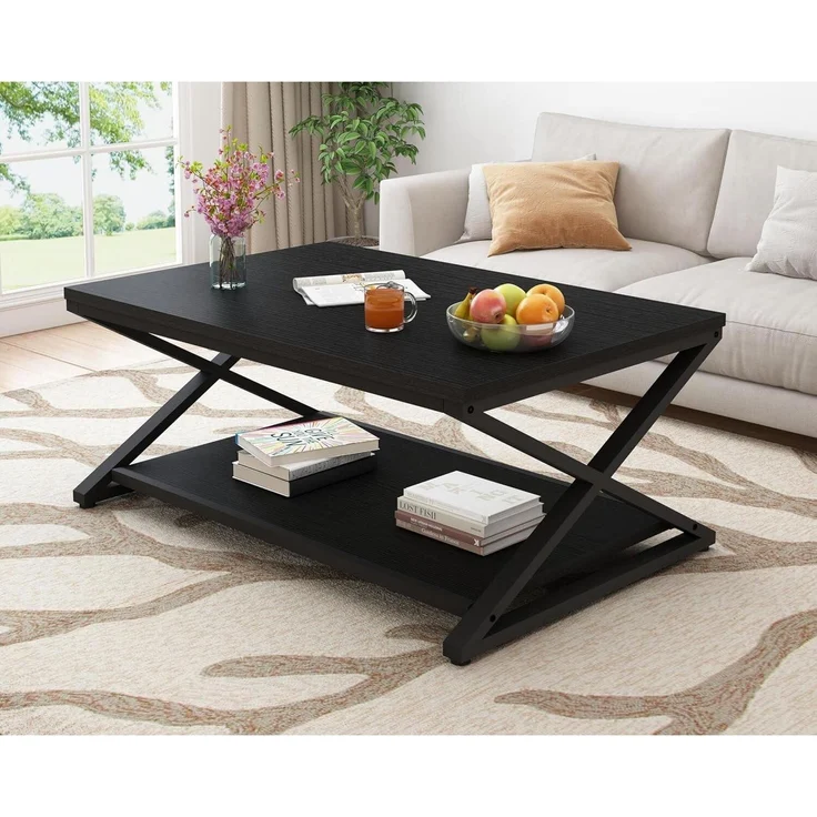 Couchtisch Klein Schwarz Holz Metall Stauraum Beistelltisch 100x60x45cm – Bild 1