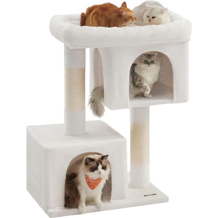 Feandrea Kratzbaum, 101 cm Katzenbaum, XL, Katzenhaus für extra große Katzen bis zu 20 kg, große Plattform, 2 Katzenhöhlen, Sisalstämme, cremeweiß PCT614T01
