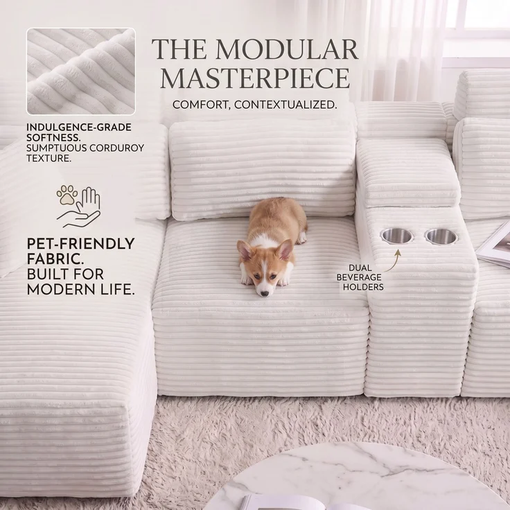 ZUBALIYA Boneless Compression Sofa, U-förmiges modulares Sofa mit integrierten Becherhaltern, Off-Weiß, 372 x 151 x 80 cm – Bild 12
