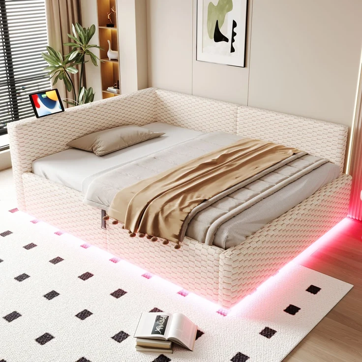 Merax Polsterbett 140 x 200 cm, Doppelbett, Jugendbett mit LED-Beleuchtung, Tape-C und zwei USB-Anschlüssen, L-förmiger weicher Rückenlehne, Samtstoff, Hydraulischem Bettgestell, Beige – Bild 3