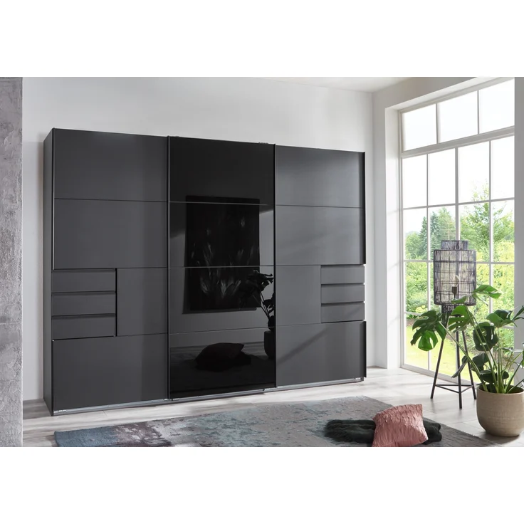 Schlafzimmer-Set >Tilburg< (5tlg.) Bett 188x92x210cm, Schrank, 2 Nachtkommoden, Kommode, Grafit – Bild 2