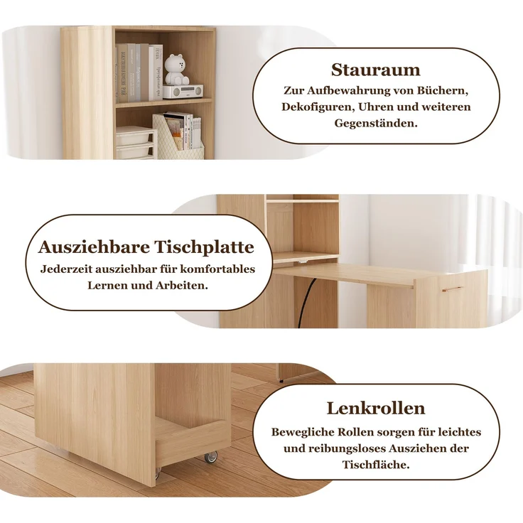 Ausziehbarer Schreibtisch mit Stauraumschrank & Kippsicherung, platzsparender Klappschreibtisch mit verstellbaren Ablagen & ausziehbarer Tischplatte für Schlafzimmer & Arbeitszimmer, Helle Eiche natur--Naturholz--76x55x136cm--YOUDENOVA – Bild 4
