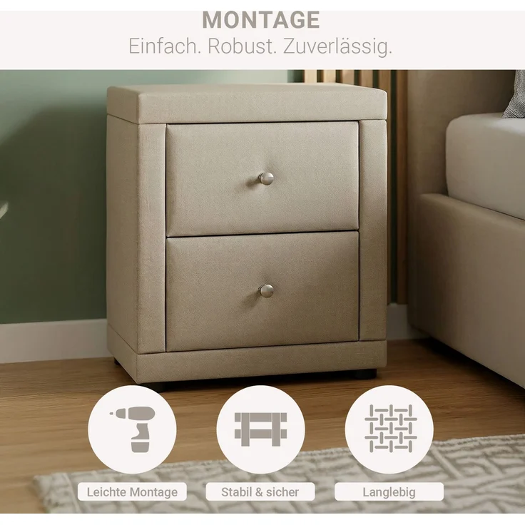 Nachtschrank 2er Set 2 Nachttische mit Schubladen Nachtkommode Beistelltisch Stoff Beige Schlafzimmer – Bild 4