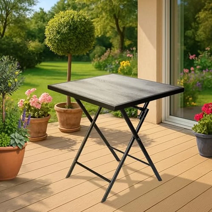 BRUBAKER Gartentisch Bergamo - 58 x 58 cm Balkontisch mit Holz Optik - Wetterfest (1-St, Klapptisch für Balkon, Terrasse - Bistrotisch), Metall Beistelltisch klappbar - Campingtisch eckig – Bild 9