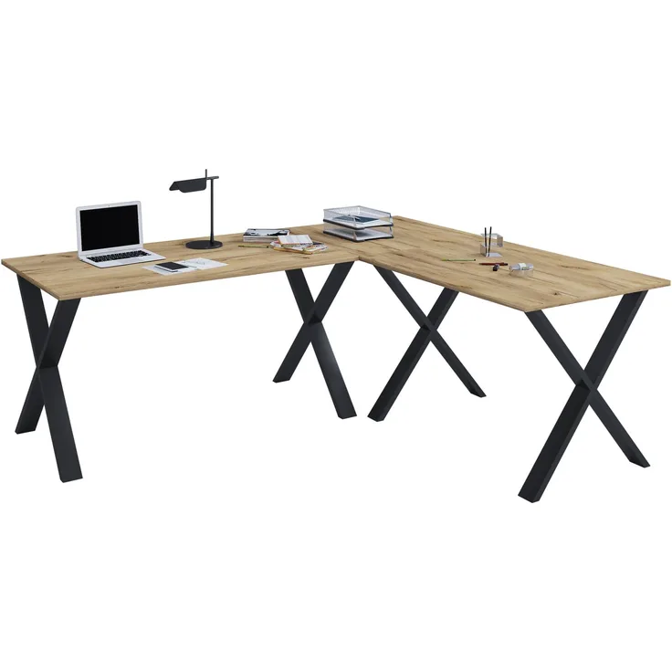VCM Schreibtisch Lona 919791 Schwarz / Honig-Eiche H. 76 x B. 220 x T. 190 cm