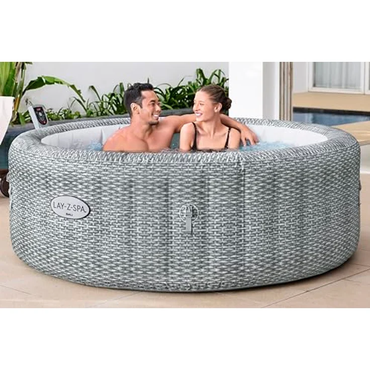 Bestway LAY-Z-SPA Energiespar-Whirlpool Bali AirJet mit App-Steuerung, integrierter UltraFit-Pumpeneinheit, für 6 Personen, 196 x 71 cm, Rattan-Optik (Lichtgrau) – Bild 3
