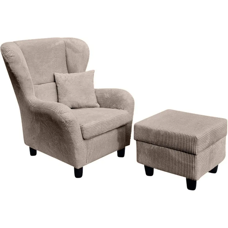 Ohrensessel mit Hocker Landhausstil Polster-TV-Lesesessel Cordstoff Taupe