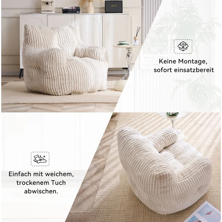 Sitzsack aus Cord mit Memory-Schaumstoff-Füllung, 100x94x70 cm, Beige – Bild 8