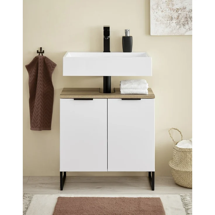 Waschbeckenunterschrank >Denver< 2 Türen, weiß matt / Evoke Eiche dekor - 60x60x35cm (BxHxT) – Bild 7