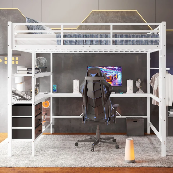 EINHOM Hochbett, 140 x 200 cm, mit LED-Leuchten, Schreibtisch, Steckdose + USB, 3 Schubladen, Regale, Geländer, Treppe, Weiß (Ohne Matratze) – Bild 7