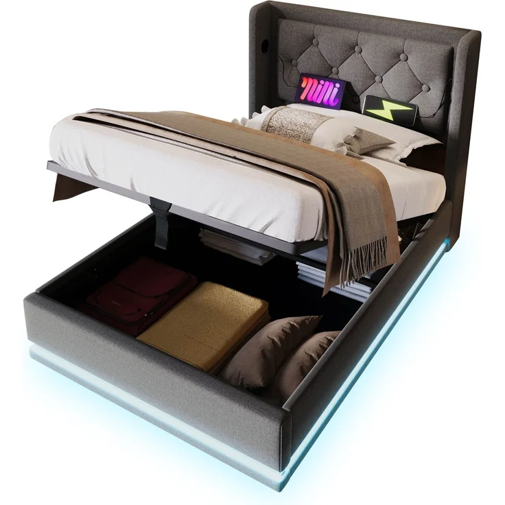 Polsterbett 90x200 cm Grau mit 3-seitiger LED-Beleuchtung, Wingback Kopfteil & USB Typ-C Ladefunktion,hydraulischer Stauraum,inklusive Matratze – Bild 10