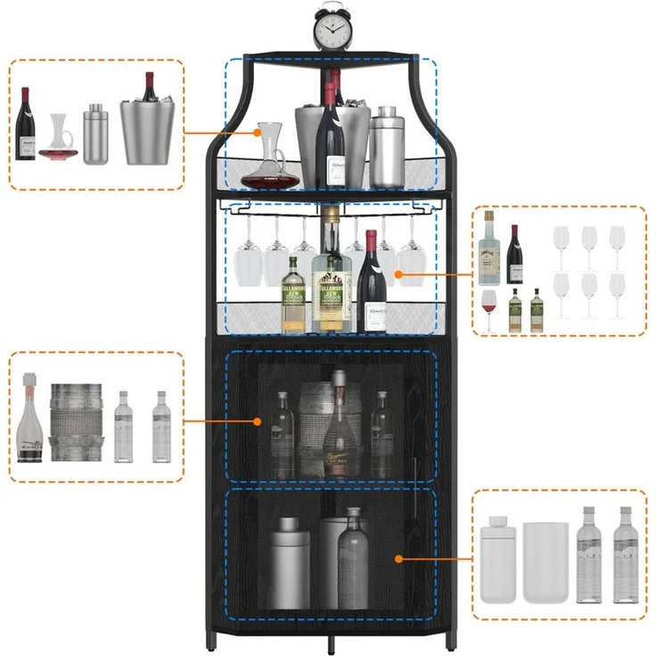 GarveeMore Weinschrank 5-stöckiges mit Glasständer und verstellbaren Regalen,47x32x154cm industrielles Eckschrank,Barschrank mit Türen aus Metallgitter für bar – Bild 2