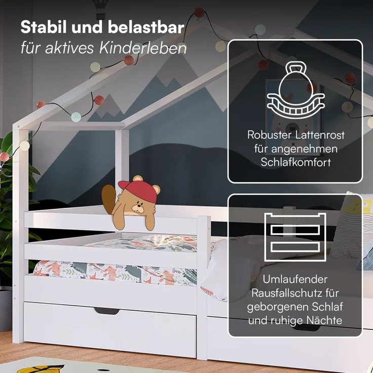 Bellabino 'Abia' Hausbett 90x200 cm mit 2 Schubladen, weiß, Kiefer Massivholz, Montessori Kinderbett mit Stauraum, inkl. Rausfallschutz und Lattenrost – Bild 4