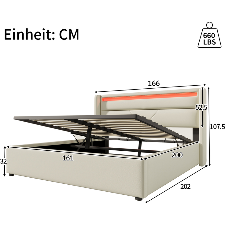 CHICFURN Polsterbett aus PU, Weiß, 160x200 cm, mit hydraulischem Stauraumbett und LED-Beleuchtung – Bild 10
