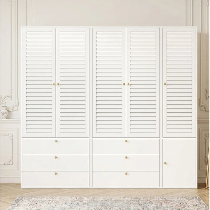 CHICFURN Kleiderschrank 225x200x50 cm mit 5 Lamellentüren und 6 Schubladen – Weiß – Bild 3