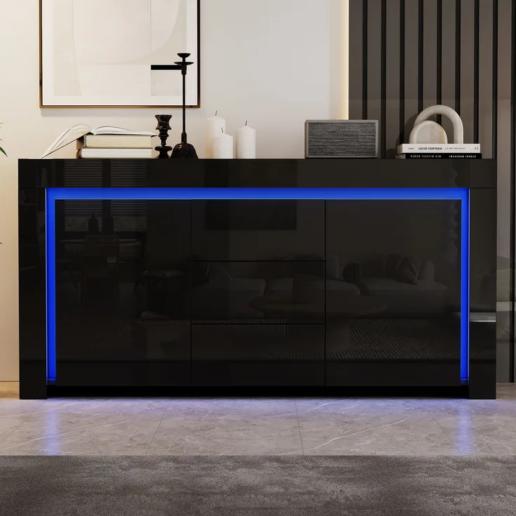 Merax 140*40*65cm Wohnzimmerschrank, Kommode mit 3 Schubladen, 2 Türen, Breite 140 cm, Hochglanz Beistellschrank mit LED-Lichtleiste, Sideboard mit Stauraum, Schwarz