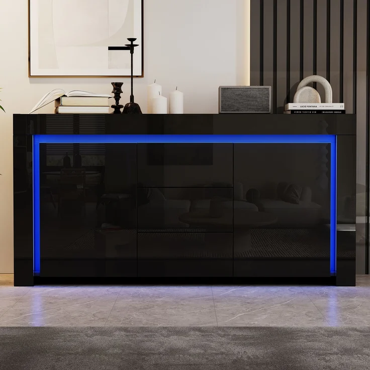 Merax 140*40*65cm Wohnzimmerschrank, Kommode mit 3 Schubladen, 2 Türen, Breite 140 cm, Hochglanz Beistellschrank mit LED-Lichtleiste, Sideboard mit Stauraum, Schwarz – Bild 1