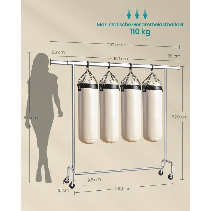 SONGMICS Kleiderständer auf Rollen, Garderobenständer, hochbelastbar, ausziehbare Kleiderstange, bis 110 kg belastbar, 45 x (160-200) x 162,9 cm, aus Metall, verchromt, silbern – Bild 5