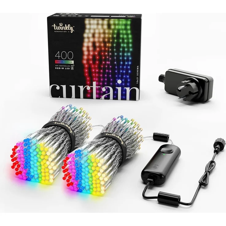 Twinkly Curtain 400 LED RGB+Weiß, LED-Lichterkette für Drinnen und Draußen, Smarte Lichter, RGB und Weiß, Kompatibel mit Alexa, Google Home, IP44, App-Steuerung, Transparentes Kabel, 3x2 m