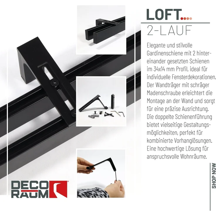 Deco-Raum® 2-lauf Gardinenschiene Innenlauf Loft | Größe: 510cm | Material: Aluminium | Farbe: Schwarz – Bild 3