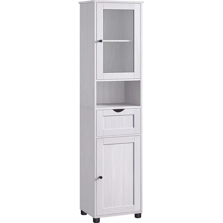 VASAGLE Badezimmerschrank, Badschrank, Hochschrank, offenes Fach, Glastür, schmal Badezimmermöbel, Badmöbel mit Füßen, höhenverstellbare Ablagen, 40x30x165 cm, hellgrau mit Holzmaserung BBK163T44
