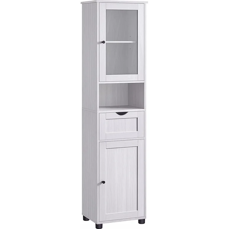 VASAGLE Badezimmerschrank, Badschrank, Hochschrank, offenes Fach, Glastür, schmal Badezimmermöbel, Badmöbel mit Füßen, höhenverstellbare Ablagen, 40x30x165 cm, hellgrau mit Holzmaserung BBK163T44 – Bild 1