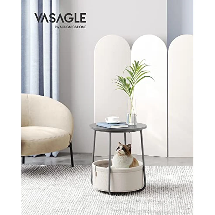 VASAGLE Beistelltisch rund, Kleiner Tisch, Couchtisch klein, Wohnzimmertisch, Korb aus Stoff, Stauraum für Wohnzimmer Schlafzimmer, Nachttisch modern, zementgrau-cremeweiß LET223G49 – Bild 2