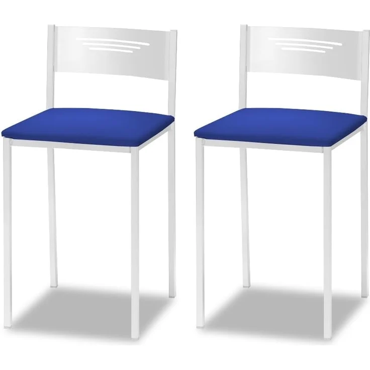 ASTIMESA - Gepolsterter Küchenhocker mit Rückenlehne - Solide und Feste Struktur - Weißes Gestell und Sitzfläche aus Kunstleder - Farbe des Sitzes: Blau, Lieferumfang: 2 Stück, Maße: 35 x 35 x 64 cm