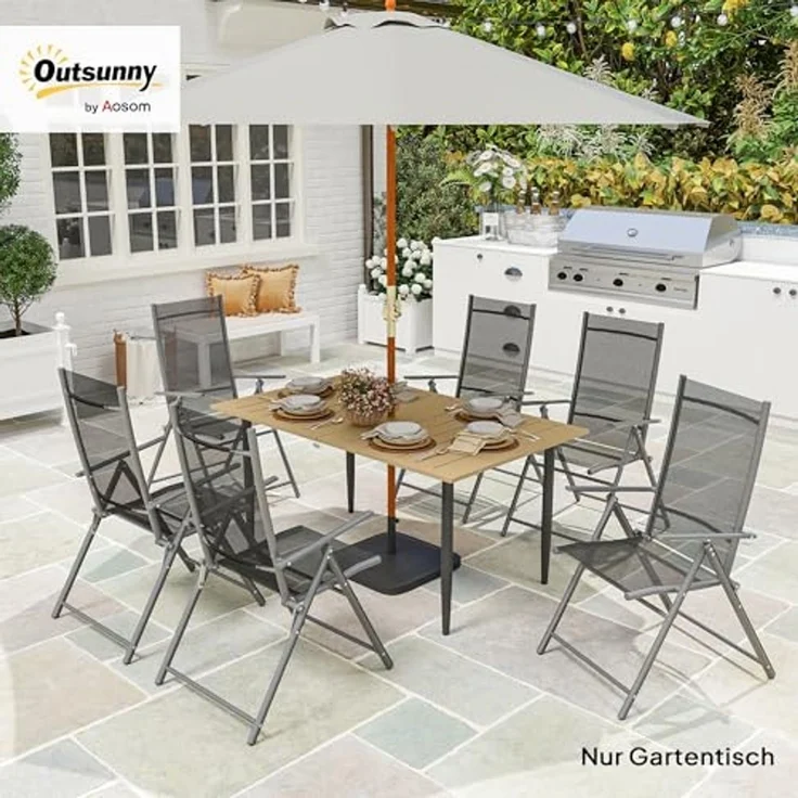Outsunny Gartentisch mit Schirmloch, Lamellendesign (Campingtisch aus Stahl, 1-St, Balkontisch), für Garten, Balkon, Braun – Bild 2