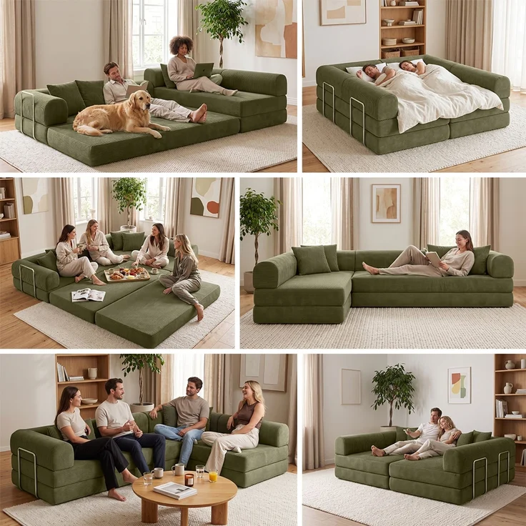 skølm 'Lofn' Modulares Sofa 4 Sitzer, 300x200 cm, Vollschaumcouch mit Metallgestell, Cord olivegrün, Schlafsofa vakuumverpackt, kein Aufbau erforderlich – Bild 4
