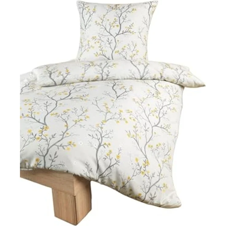 soma Bettwäsche Mikrofaser 135x200 80x80 weiß grau gold Kirschblüten sale, Microfaser, 2 teilig, Ideal für Frühling Sommer Reißverschluss absolut bügelfrei ganzjährig – Bild 3