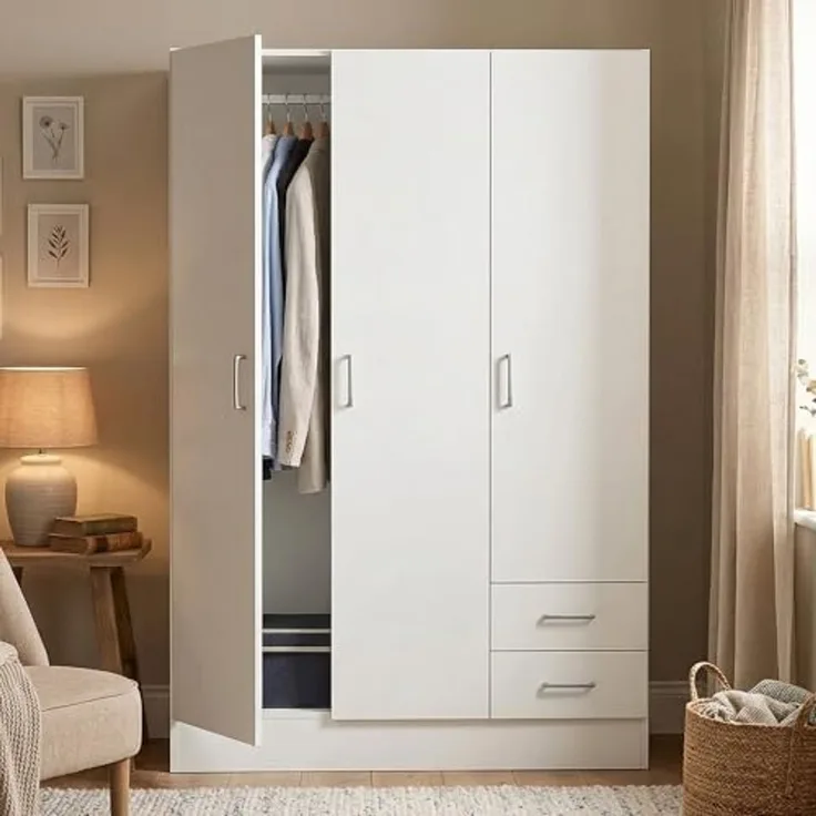 Dmora Kleiderschrank mit drei Türen und zwei Schubladen mit Einlegeböden und Kleiderstange, Farbe weiß, Maße 120 x 170 x 50 cm
