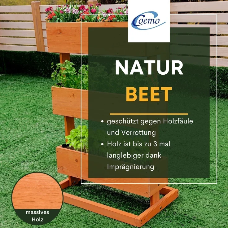 Coemo Mittleres Vertikalbeet Braun Hochbeet 3 Etagen inkl. Pflanzfolie 50x30x75 – Bild 5