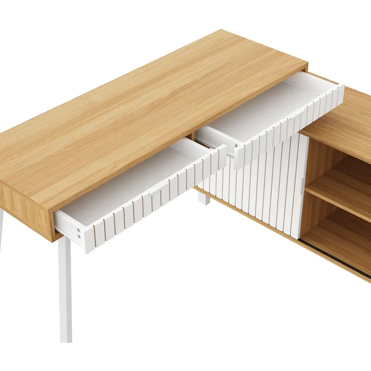 Flieks Schreibtisch, L-förmiger 160×120×76.5 cm, Eckschreibtisch mit 2 Schubladen & Schrank, MDF Bürotisch mit Stahlbeinen, Naturfarbe & Weiß – Bild 7