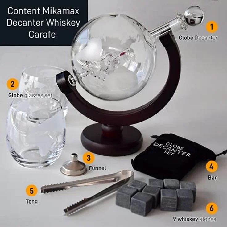 Mikamax Dekanter Weltkugel Whiskey Dekanter mit zwei Gläsern – Bild 5