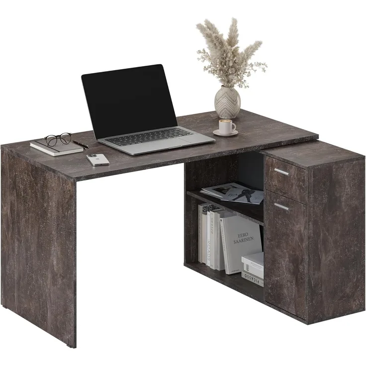 Schreibtisch klein 136 x 101 x 75 cm Betonoptik Grau – Bürotisch Eckschreibtisch RICOO WM083-BG