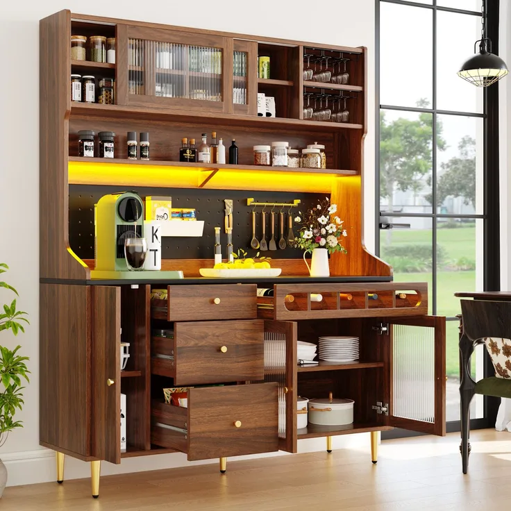 Merax 171cm Hochschränke, Küchenschrank, Esszimmerschrank, Wohnzimmer-Schrank mit verstellbaren Einlegeböden, Schränke mit LED-Beleuchtung, Schublade mit Weinregal, Walnuss