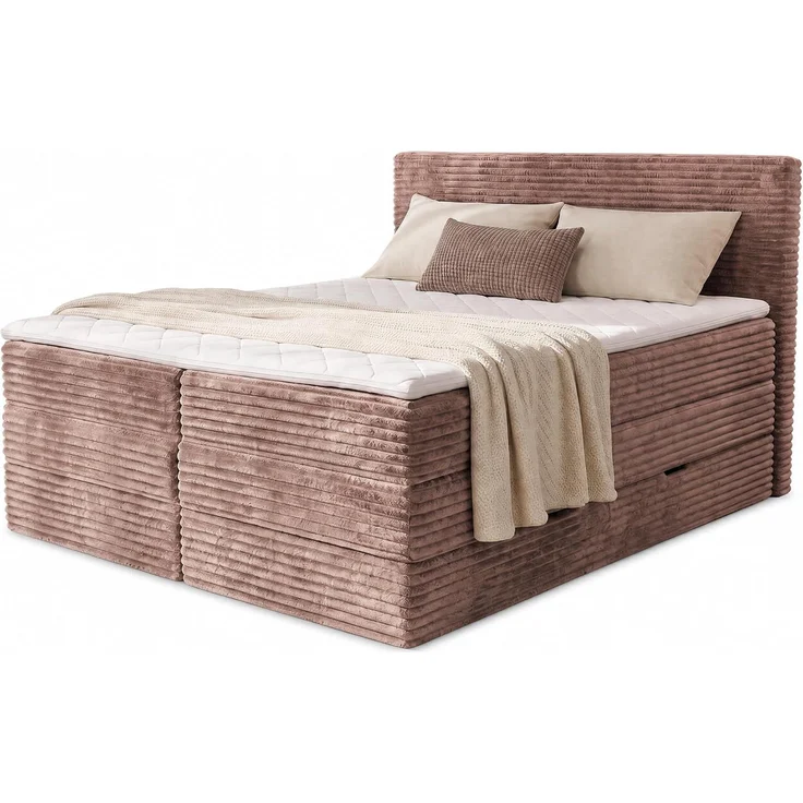 Boxspringbett Mollo XL mit 2 Bettkästen und Topper, mit Taschenfederkern- und Bonellfederkernmatratze, Doppelbett, Polsterbett aus Cordstoff mit Stauraum (Braun (Tilia 17), 160 x 200 cm) – Bild 1