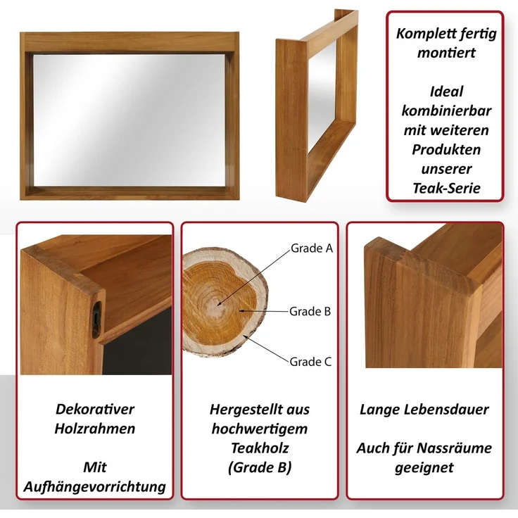 Teak-Wandspiegel HWC-M75, Badspiegel, Holzrahmen, hochwertiges B-Grade-Teak (Kernholz, 20-30 Jahre), 77x100cm – Bild 2