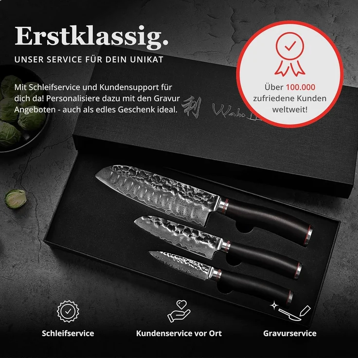 Wakoli Messer-Set Ebo 3er Damastmesser Set Küchenmesser Kochmesser 9 bis 18cm Klingen (Damastmesser mit Geschenkbox, 1-tlg, 1x 3er Damastmesser-Set), aus 67 Lagen Damaststahl, VG10 Kern – Bild 7