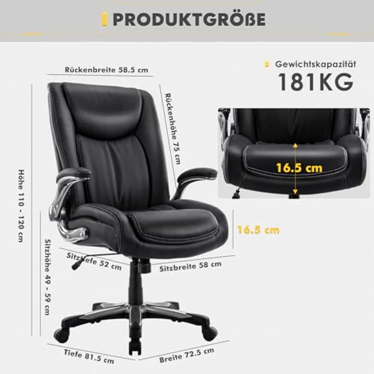COLAMY Chefsessel Bürostuhl 181kg, Großer Ergonomischer Chefsessel Leder, Breiter Sitz, Klappbare Armlehnen, Höhenverstellbar für das Homeoffice, Schwarz – Bild 3
