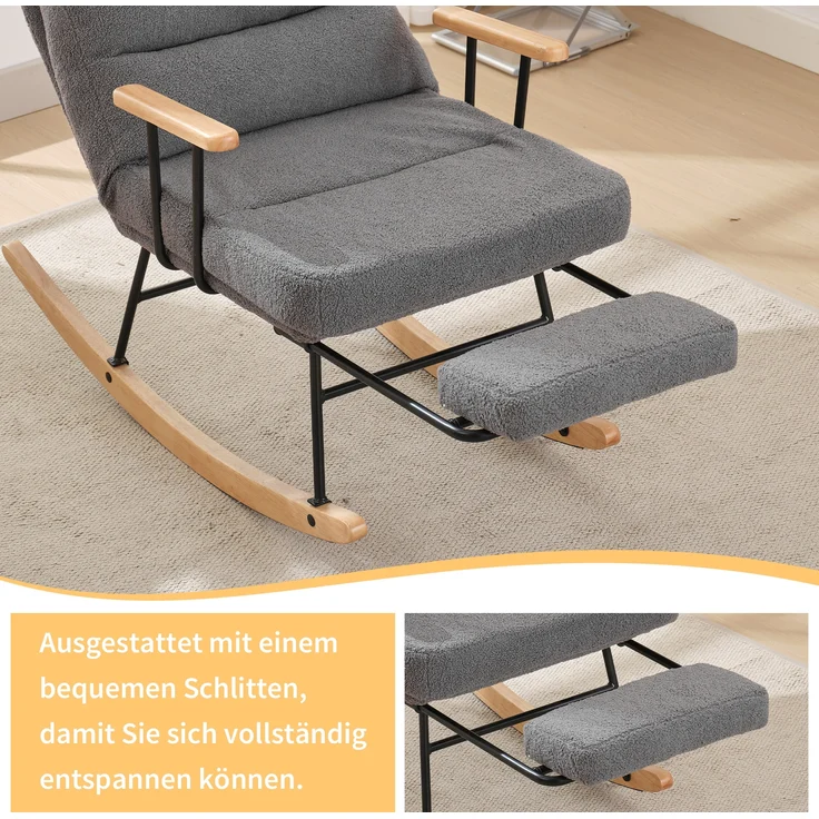 Schaukelsessel, Teddy-Fleece, mit Schwerkraftverstellung & Fußstütze, 63,5x102x100 cm, Grau – Bild 5