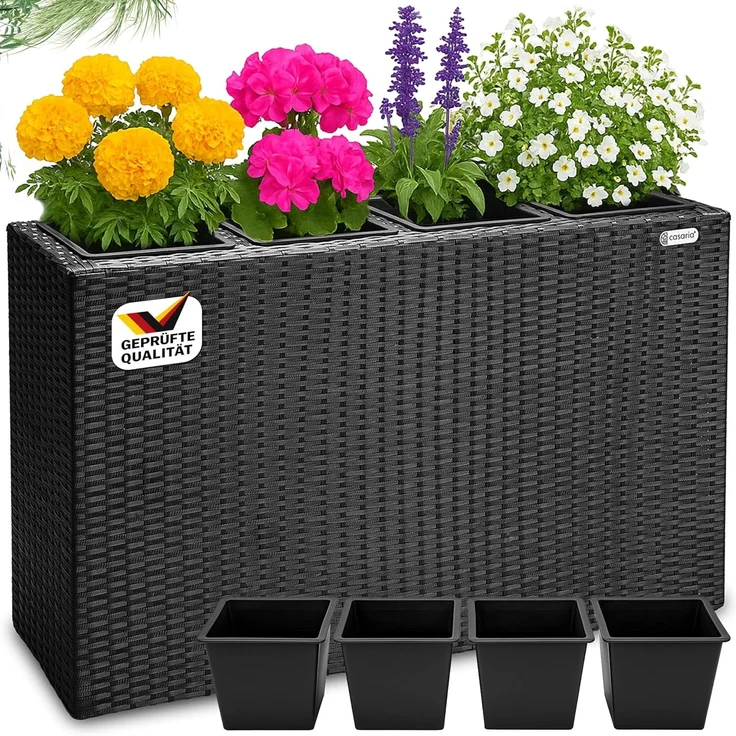 Casaria Pflanzkübel, 4 Innentöpfe Herausnehmbar Polyrattan 95x27x60cm Blumentopf Schwarz – Bild 1