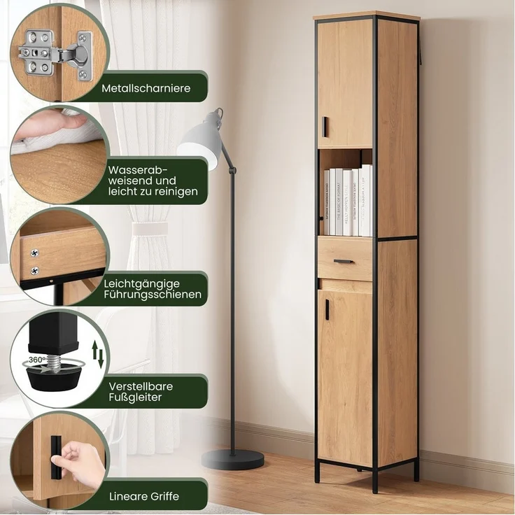 EUGAD Hochschrank (1-St) mit 5 Fächern 1 Schublade, natur, 30x180x30 cm – Bild 3