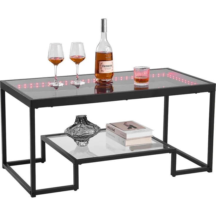 VEVOR Couchtisch Beistelltisch aus gehärtetem Glas mit Beleuchtung, rechteckiger Glastisch mit Zwei Ebenen & offenem Stauraum, Kaffeetisch aus Metall für Wohnzimmer Büro 100 x 51 x 48 cm Schwarz – Bild 1