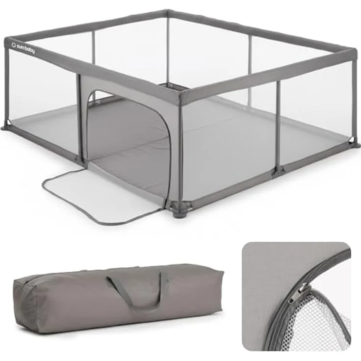 sun baby Laufstall 150x200 cm 0-2 Jahre Grau, Polyester, Netzwände, Eingang mit Reißverschluss, rutschfeste Füße, Tragetasche im Set, Metallrahmen – Bild 2