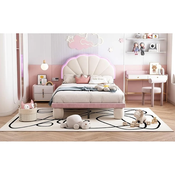 Ball & Cast Kinderbett (90x200 cm) mit Lichtstreifen, Polsterbett mit Wellengestriftem Kopfteil aus Samt, Einfach & Zeitsparend Montierbar, Beige+Rosa – Bild 4
