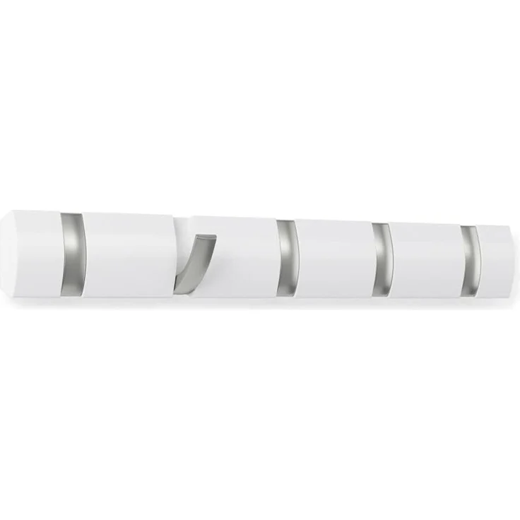 Umbra Flip 5 Garderobenhaken – Moderne, Schlichte und Platzsparende Garderobenleiste mit 5 Beweglichen Haken für Jacken, Mäntel, Schals, Handtaschen und Mehr, Hochglanz Weiß – Bild 1