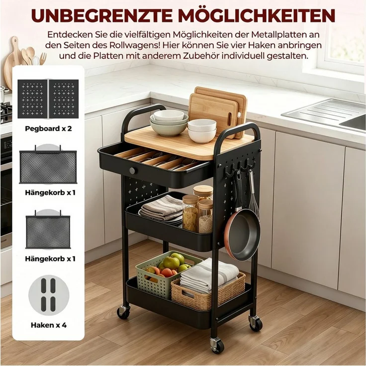 GLIESE Beistellwagen Vielseitiger Küchenwagen, Servierwagen, für Küche, Büro, Wohnzimmer, 2 Hängekörben, 4 Haken, 2 Lochplatten,1 Schublade, Bremsrollen, Griff – Bild 4