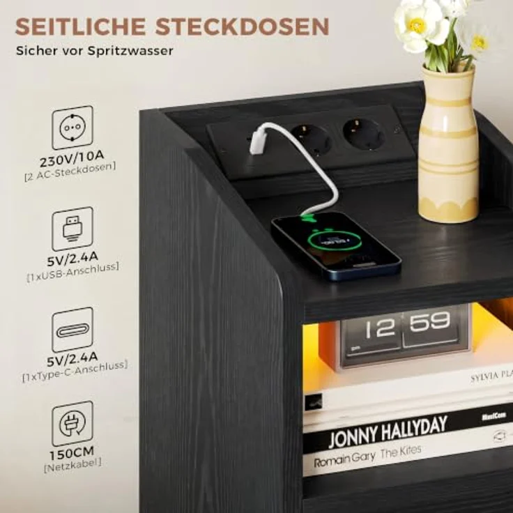 IRONCK Nachttisch 2er Set mit Ladestation und LED (Schwarz) | Weiß Nightstand mit 2 Schubladen, Nachtschrank für Schmale Räume Schlafzimmer, Wohnzimmer, Modern Narrow Bedside Table – Bild 8